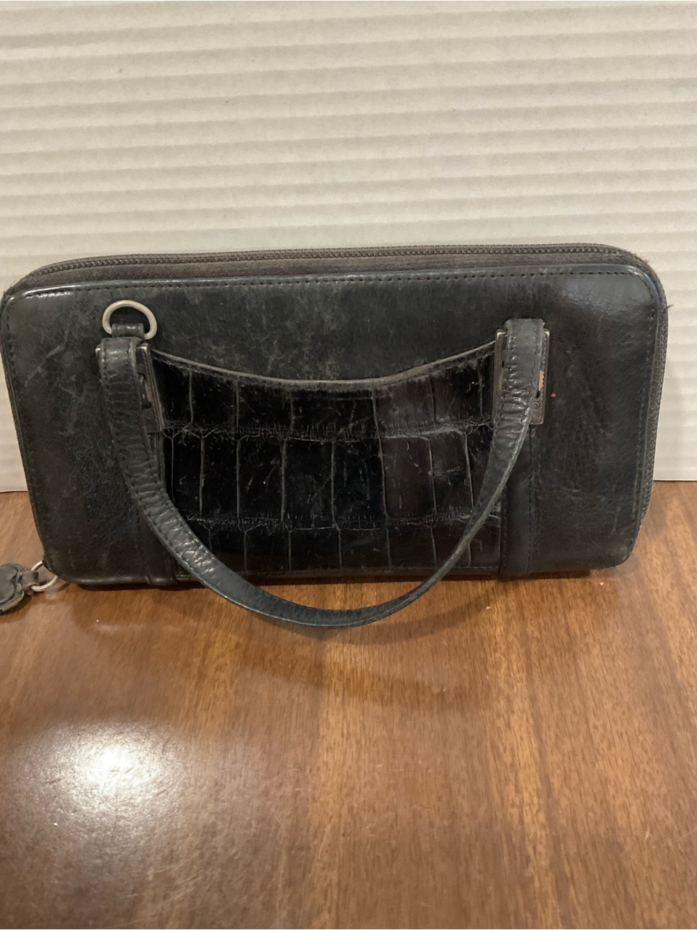 Black Leather zip around wallet with Croc-Embossed Panel wrist straps